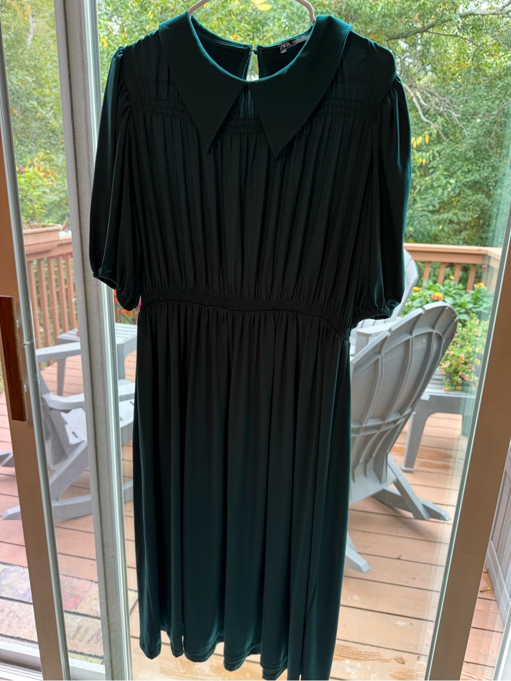 Zara Forest Green Pleated Collar Midi Dress